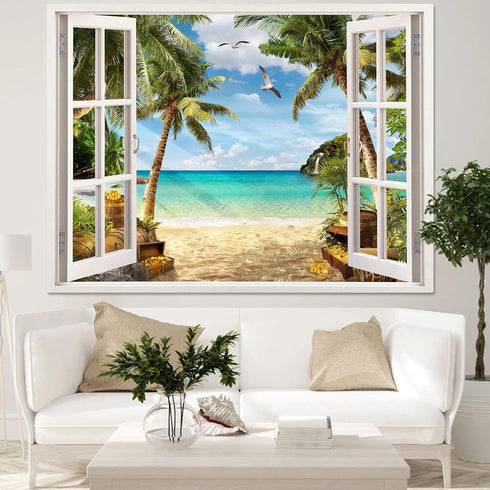 Leeisysme Beach Landscape Tapestry, Tropic Ocean Sea Island Palm Tree Seaside Tapestries for Living Room Summer Window Wall Hanging 36×48 Inch...