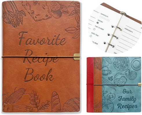 Blank Recipe Book To Write In Your Own Recipes,5.6 X 8.2 Recipe Ring Binder with PU Leather Cover,Recipe Journal with 160 Recipes (brown)...