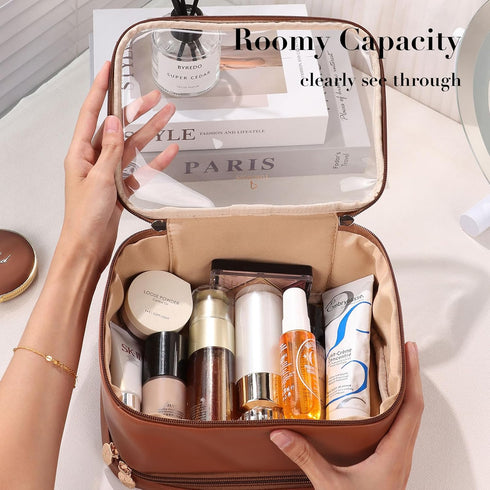 Pocmimut Makeup Bag,PU Leather Large Clear Makeup Bag Double Layer Travel Makeup Bag with Make Up Brush Bag Travel Essentials Organizers(Brown)...