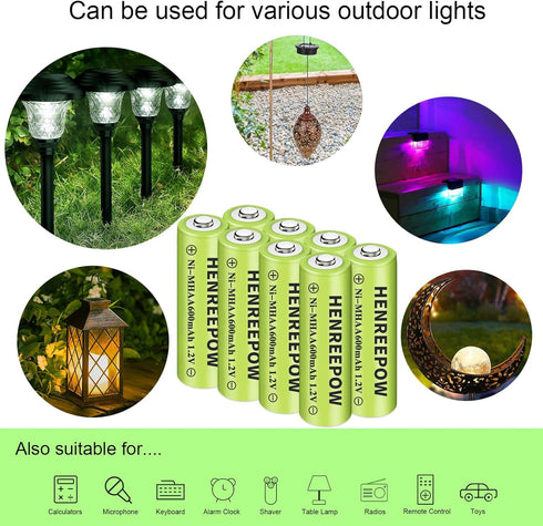Henreepow Ni-MH AA Rechargeable Batteries, Double A High Capacity 1.2V Pre-Charged for Garden Landscaping Outdoor Solar Lights, String Lights, Pat...