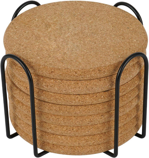8 Pcs Drink Coasters with Holder, Thicker Cork Coasters for Drinks Absorbent for Coffee Table Wooden Coaster Set Tabletop Protection Cup Mat Bar K...