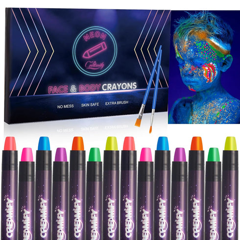 14 Pcs Glow in the Dark Face Paint, Creamify Black Light Neon Face & Body Paint, Halloween Masquerade Makeup Sticks, Fluorescent Crayons Kit for K...