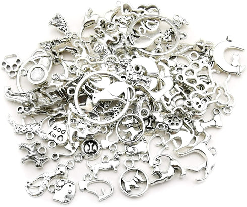 100g(80pcs) Craft Supplies Antique Silver Animals Cat Dog Pet Charms Pendants for Crafting, Jewelry Findings Making Accessory for DIY Necklace Bra...