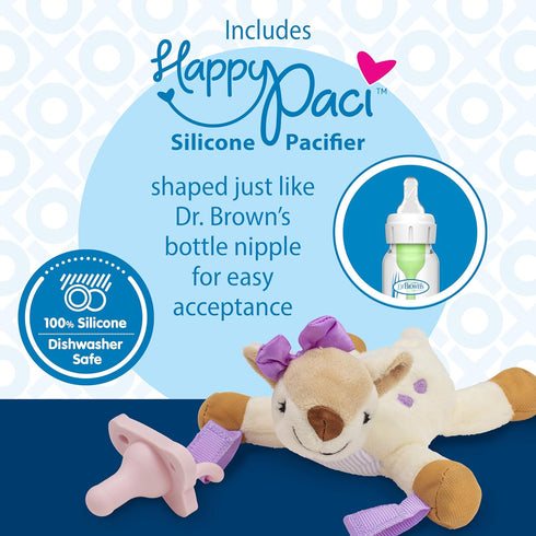 Dr. Brown's Baby Lovey Pacifier and Teether Holder, Deer with Pink HappyPaci, 100% Silicone, 0-6m (Packaging May Vary)...