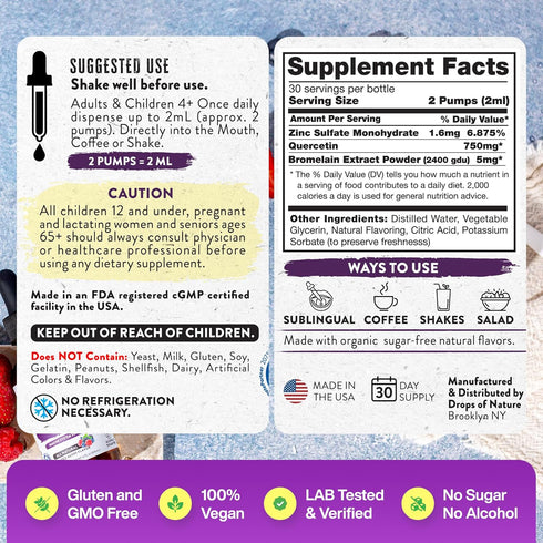 Quercetin with Bromelain & Zinc Liquid Drops - 750mg Immune Support for Adults & Kids | Ultra-Concentrated Bioflavonoids | Immune Defense | Cellul...
