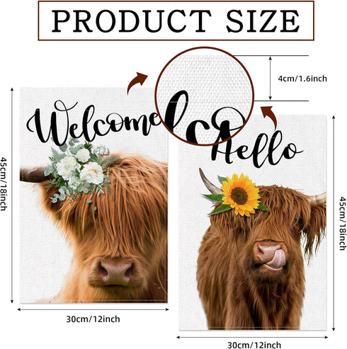 2 Pack Highland Cow Garden Flag, Spring Summer Welcome Sunflower Cow Garden Flag, 12 x 18 Inch Double Sided Vertical Burlap Floral Cow Farmhouse F...