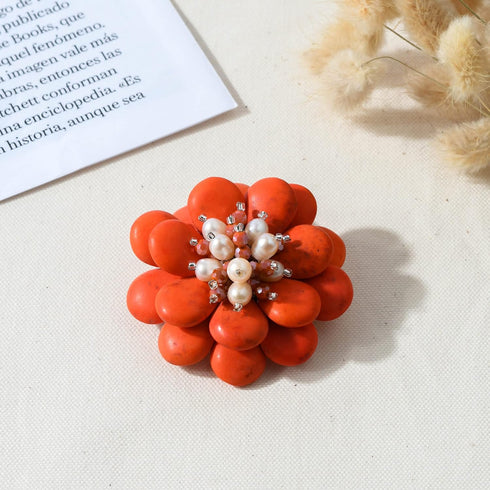 Double Sunflower Dyed Orange Howlite and Cultured Freshwater White Pearl Floral Pin or Brooch...