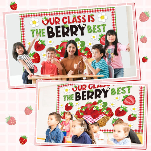 85 Pcs Fruit Bulletin Board Set Strawberry Classroom Decorations 3D Strawberry Honeycomb Balls Flower Berry Cutouts for Summer Holiday Back to Sch...