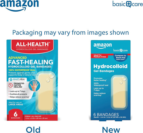 Amazon Basic Care Advanced Fast Healing Hydrocolloid Gel Bandages, Large, 6 ct...