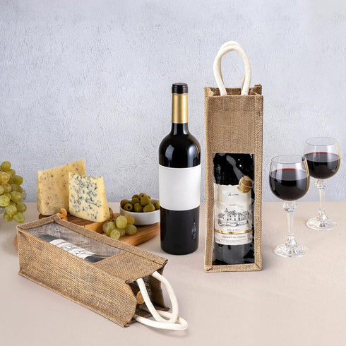 Peohud 3 Pack Burlap Wine Bottle Bags, Jute Wine Gift Bag with Window and Handle, Reusable Wine Carrier Tote Bags for Wedding Birthday Party Chris...