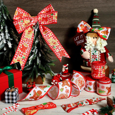 6 Rolls 30 Yards Christmas Wired Ribbon 2 Inch Gingerbread Christmas Ribbons Xmas Red Candy Cane Ribbon Swirl Burlap Gift Wrapping Ribbon for Chri...