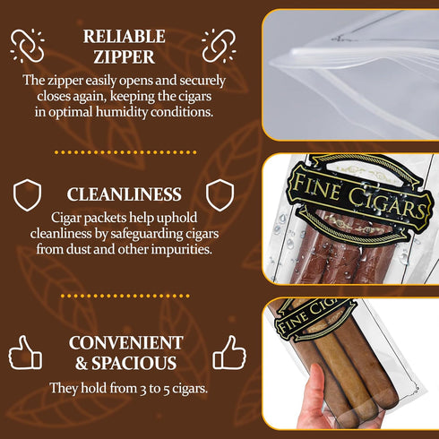 Clear Printed Fine Cigars Cigar Bags Plastic, 3 x 10 Inches. 100 Pack Reclosable Zipper Bags for Cigars. Polyethylene Cigar Travel Bag, 2 Mil. Sma...