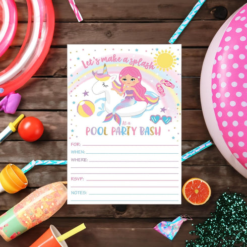 Your Main Event Prints Mermaid Unicorn Pool Party Birthday Invitations - Summer Pool Party Bash - Splash Pad, Water Park Invites - 20 Fill-In Unic...