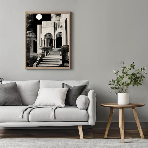 Posterizer 1 pcs-black and white collage with a castle and the moon-Landscape & Nature Art-Abstract & Modern Art-Gift for Art Lovers- UNFRAMED Wal...