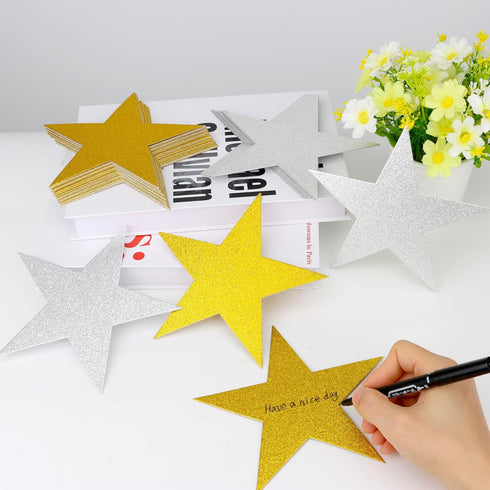 70Pcs 6 Inch Glitter Stars Cutouts Paper Confetti Star Dulinkas Double Printed Paper Star Decorations for Classroom Wall Festival Movie Night Part...