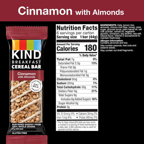 KIND Breakfast Cereal Bars, Gluten Free Snacks, Cinnamon with Almonds, 9.3oz Box (6 Bars)...