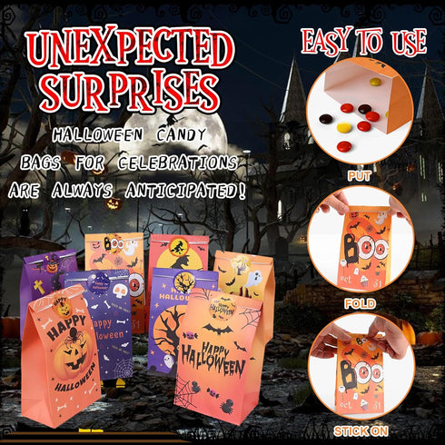 Halloween Treat Bags: 24pcs Halloween Paper Treat Bags with Stickers, Halloween Candy Bags, Halloween Trick or Treat Bags, Wide Opening for Easy F...