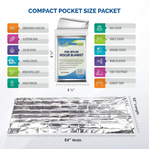 Primacare HB-10 Emergency Foil Mylar Thermal Blanket (Pack of 10), 52" Length x 84" Width, Silver...