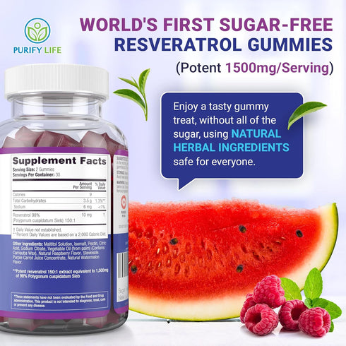 Purify Life Sugar-Free Resveratrol Gummies - Potent 1500mg Resveratrol Supplement to Support Digestive & Immune Health - Resveratrol Supplement fo...