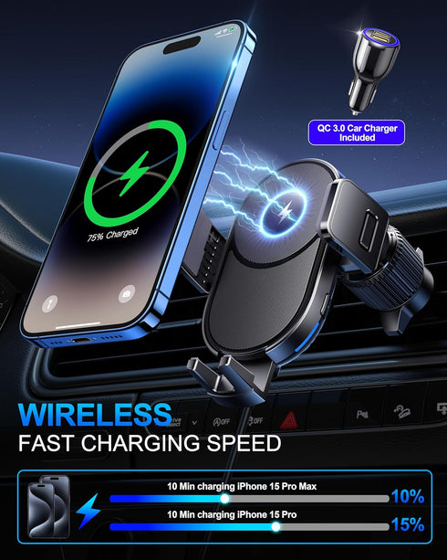 Wireless Car Charger, 15W Fast Charging Auto Clamping Car Phone Holder Wireless Charger Air Vent Car Phone Mount fit for iPhone 15 14 13 12 Mini P...