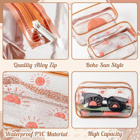 Y1tvei Boho Sun Makeup Bag - 2Pcs Brown Boho Sunshine Ray Transparent Print Clear Cosmetic Toiletry Bag Small Plastic Waterproof Portable Carry Po...