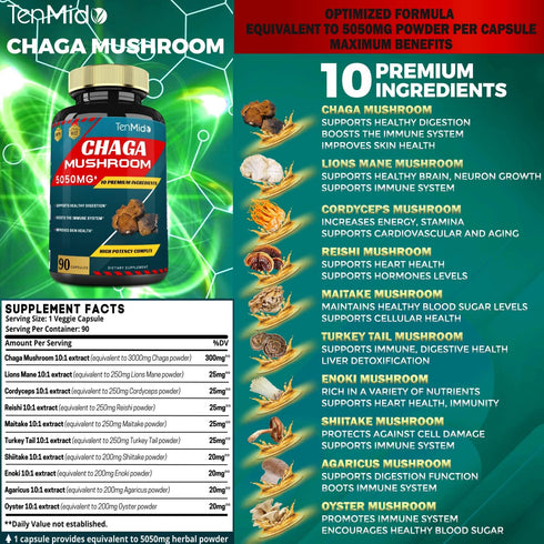 Chaga Mushroom Extract Capsules equivalent to 5050mg & Lions Mane, Cordyceps and More | Digestive Health, Anti-Aging, Immune Support | Energy Boos...