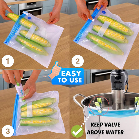 Sous Vide Bags with Pump, 20 Pack pt, qt, gal Reusable Vacuum Seal Bags, Freezer Safe, Commercial Grade, BPA-Free, 2 Clips Great for Sous Vide Coo...