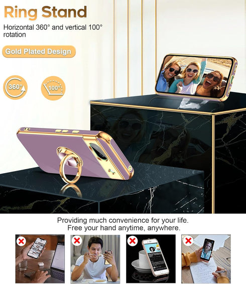 LeYi for Google Pixel 8A Phone Case: with 360° Rotatable Ring Holder Magnetic Kickstand, Plating Rose Gold Edge Protective Google Pixel 8A Case, P...