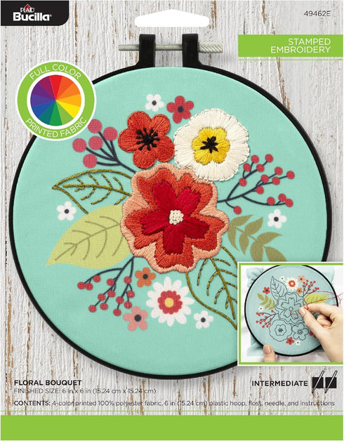 Bucilla, Floral Bouquet, Full Stamped Kit, Includes 4-Color Printed Fabric, 6" Hoop, Embroidery Floss, Needle, and Instructions, 49462E......