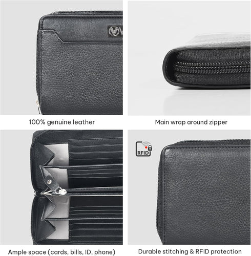 VALENCHI Leather Wallet For Women RFID Blocking Slim Minimalist Ladies Long Clutch Purse Organizer Credit Card Holder Slots with Zipper Pocket (Bl...