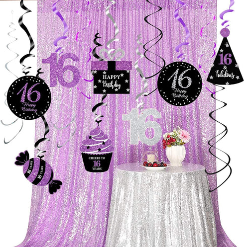 Sweet 16 Birthday Decorations Purple Silver Black for Women/Girl 16th Birthday Party Decorations Purple Silver Black Foil Hanging Swirls Decoratio...