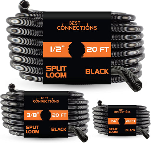 3-Pack (1/4", 3/8", 1/2" x 20 ft Each) Assorted Split Wire Loom Flex-Guard Convoluted Tubing – Protective Split Cable Sleeves/Conduit for Automoti...