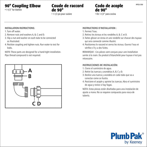 Plumb Pak PP55-5W Sink Drain Pipe Elbow with Reducing Washer, 90 Deg, 1-1/2 in, Plastic, 1 Count (Pack of 1)...