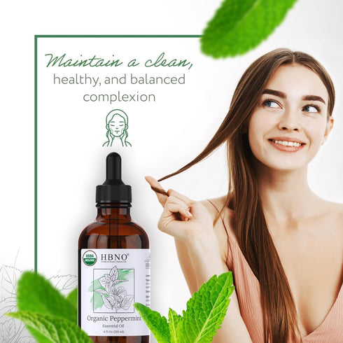 HBNO® California Bottled Organic Peppermint Essential Oil (Mentha Piperita) 4 fl oz (120ml) - USDA Certified Organic Peppermint Oil for Hair - Per...