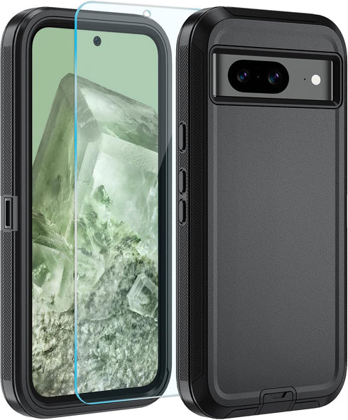 for Google Pixel 8A Case, with HD Tempered Glass Screen Protector, Heavy Duty Shockproof Drop Protective Rugged Tough Durable Phone Cover (Black-a...