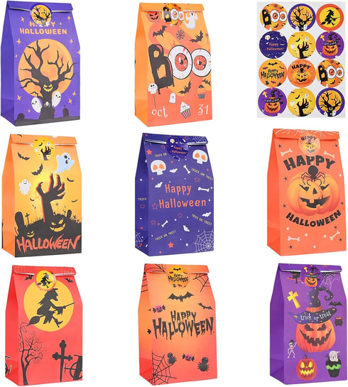 Halloween Treat Bags: 24pcs Halloween Paper Treat Bags with Stickers, Halloween Candy Bags, Halloween Trick or Treat Bags, Wide Opening for Easy F...