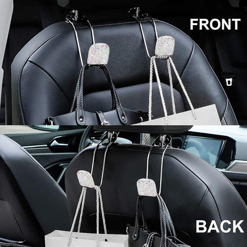 Universal Bling Car Seat Back Hook Headrest Hook Rhinestone Car Purse Accessories Metal Stainless Steel Hook Cute Car Seat Back Storage Hook for C...