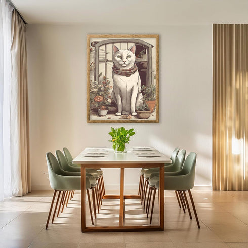 Posterizer 1 pcs- White cat sitting next to small pots-Art for Animal Lovers-Floral Botanical Art- Gift for Men Women Entrepreneur Teens-Living Ro...