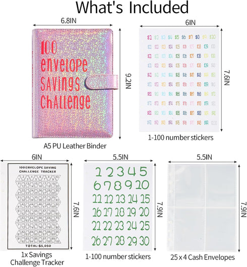 100 Envelopes Money Saving Challenge Binder, Save 5050 Dollars 100 Day Envelope Challenge Binder with 100 Cash Envelopes, Tracker, and Stickers...