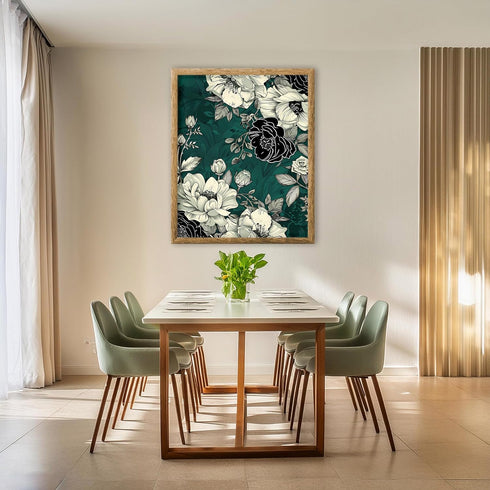 Posterizer 1 pcs-white and black flowers with green background-Floral & Botanical Art-Abstract & Modern Art-Decor for Home & Office- UNFRAMED Wall...