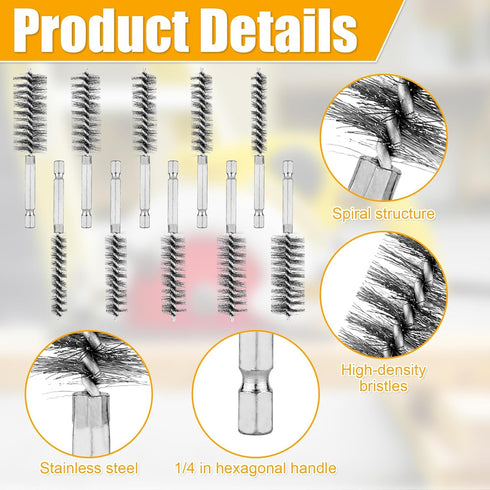 10pcs Stainless Steel Wire Bore Brushes, Wire Brush for Drill for Cleaning with 1/4 Inch Hex Shank Pipe Cleaning Brush Copper Pipe Cleaner Twisted...