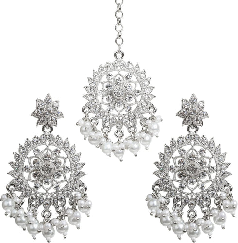 Silver Toned Indian Headpiece Maang Tikka With Earrings For Women...