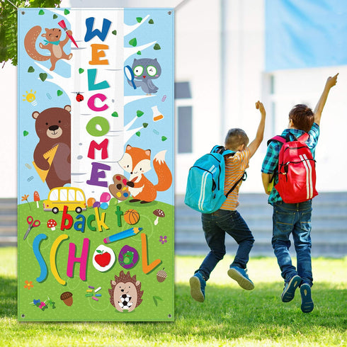 Welcome Banner, First Day of School Door Cover Woodland Animal Friends Photo Backdrop for Classroom School Party Decorations Supplies with Rope...