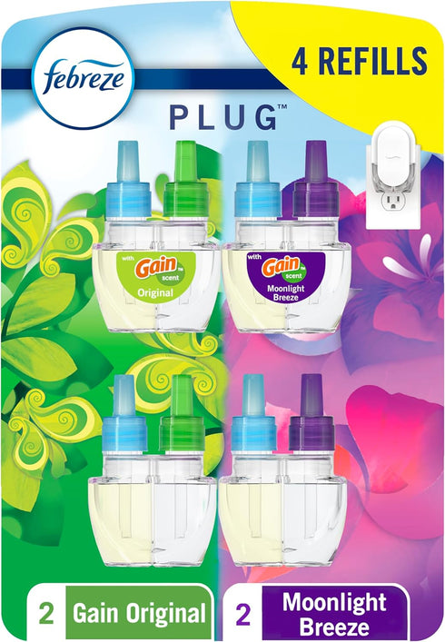 Febreze Odor-Fighting Fade Defy PLUG Air Freshener, Gain Moonlight Breeze, Gain Original, 0.87 fl. oz. Oil Refills, 4 Refills (2 of Each)...