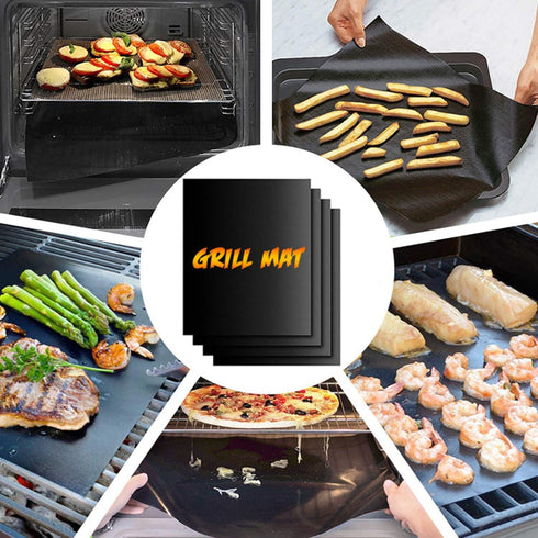 Dailyart Grill Mats Set of 4 with 13" BBQ Tongs & Silicone Brush, 100% Non Stick BBQ Grill Mat & Baking Mats, Reusable Teflon Grill Matt for Outdo...
