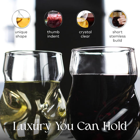 Dragon Glassware Stemless Wine Glasses - 16 oz Clear Short Wine Glasses Set of 2 with Finger Indentations - Aerates Naturally...