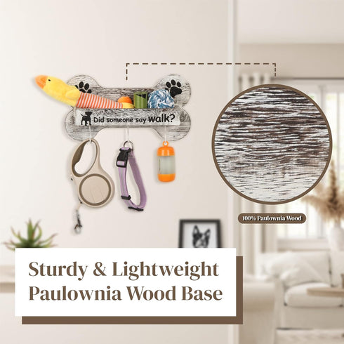 J JACKCUBE DESIGN Rustic White Bone Shape Wall Mounted Dog Leash Holder with 3 Key Holder Hooks and Extra Storage Compartment Box Shelf for Pet Tr...