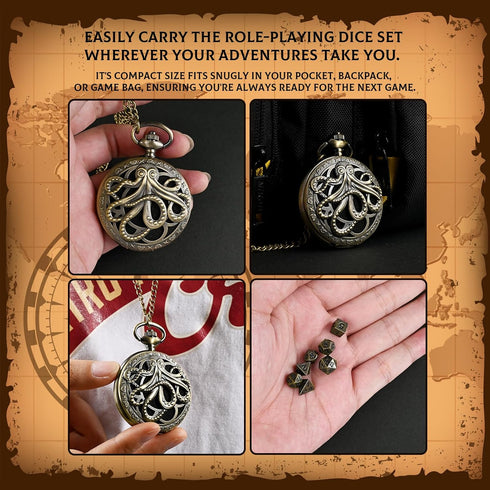 Mini DND Dice Set with Pocket Watch Shell, 7PCS Polyhedral Metal Dice Set Perfect for Dungeons and Dragons Gifts, MTG, Role Playing Board Games Ac...