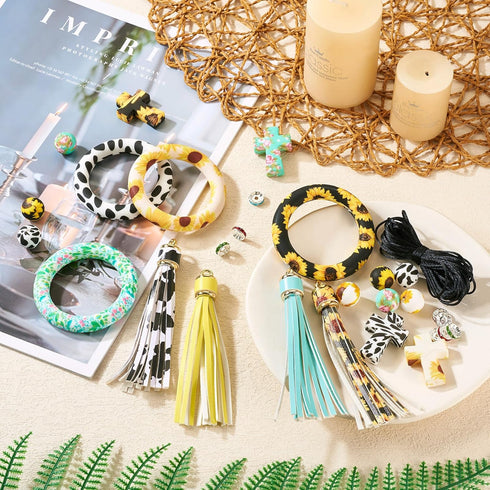 BB Beadthoven 28pcs Silicone Beadable O Ring Bead for Keychain 65mm Round Silicone Loop with 2 Hole Summer Sunflower Silicone Focal Frame Pendant ...