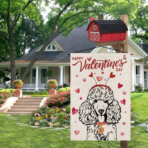 Valentines Day Garden Flag Valentine Poodle Dog Flags for Outside Love Heart Anniversary Wedding Party Home Burlap Double Sided Yard Outdoor Decor...